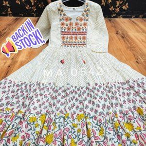 Premium mul cotton beautiful print tier pattern gown detailed thread embroidery